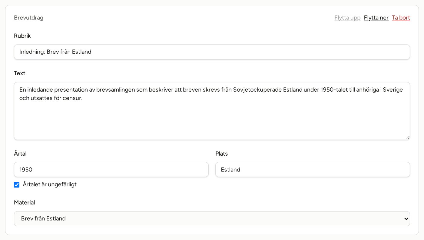 Ett avsnitt i utkastet med fälten Rubrik, Text, Årtal och Plats ifyllda.